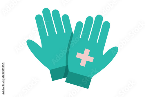 Illustration of teal medical gloves with a light pink cross symbol