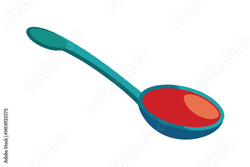 A stylized turquoise ladle filled with red liquid against a white background