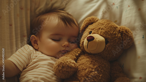 A baby sleeping soundly in a crib cuddling a plush teddy bear.