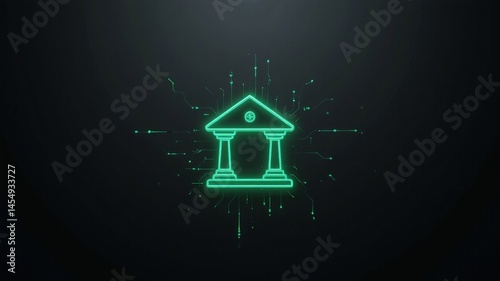 Minimalistic Digital Bank Icon with Circuitry in Emerald Green Neon