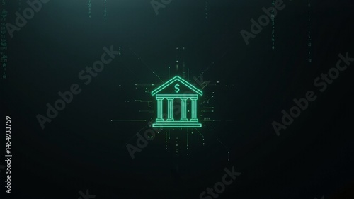 Emerald green neon outline of a digital bank icon with matrix style data streams