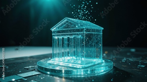 Illuminated holographic bank structure hovering over glass wafer with sparkling particles