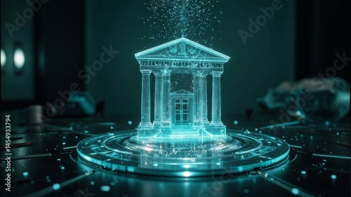 Futuristic holographic classical bank facade above glass platform surrounded by rising particles