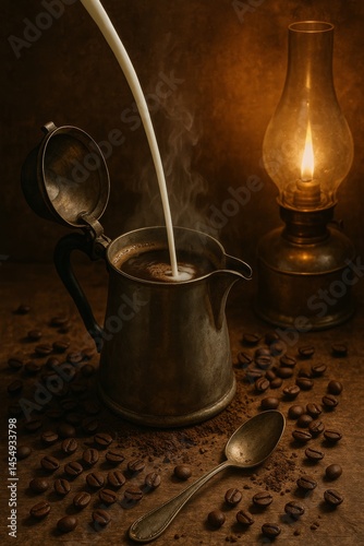 Pouring Warm Milk Into a Vintage Coffee Pot by Lantern Light During a Cozy Ev...
