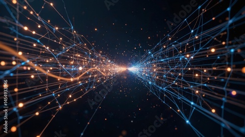 Dynamic stream of luminous data points converging into a wireframe bank in a dark void background