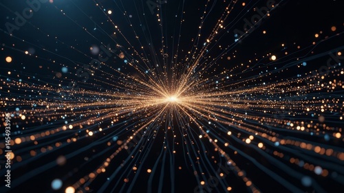 Radiant convergence of luminous dots creating a visual network on a dark backdrop