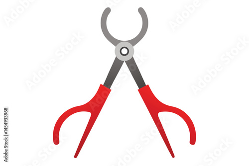 Stylized image of pincers or pliers with red handles and gray grip