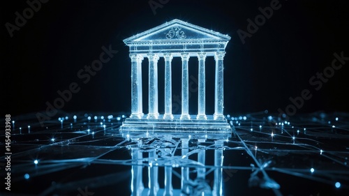 Detailed holographic bank front model over a black reflective plane with illuminated details and blue sparks