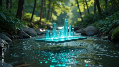 Holographic cityscape floating above tranquil riverwater with glowing green elements and serene nature backdrop