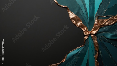 Elegant copper and teal abstract design with glossy metallic finishes on matte black background