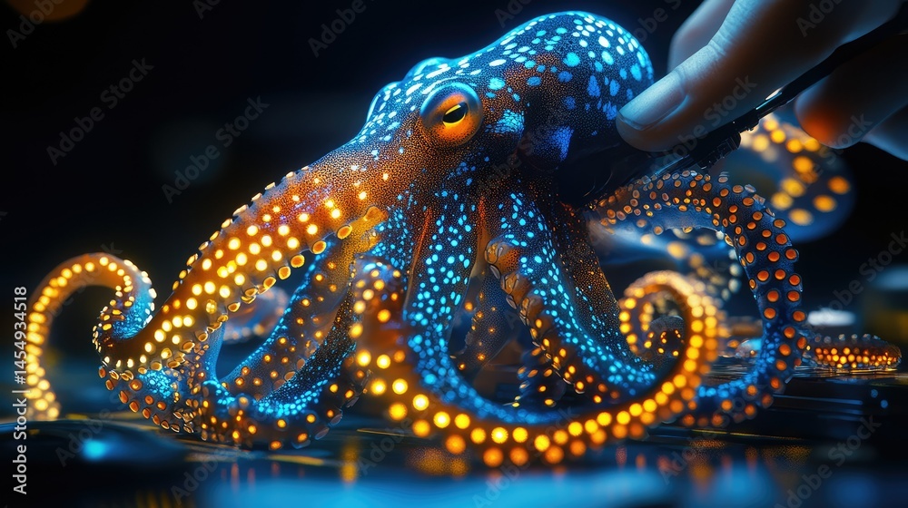 Obraz premium Enigmatic octopus, illuminated with vibrant bioluminescent hues. A digital rendering showcases the creature's intricate design and luminescent patterns