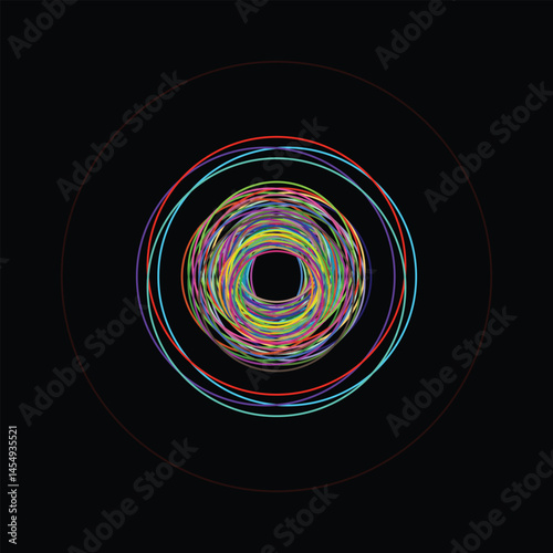 Abstract Multicolor Concentric Circles on Black Background Digital Art