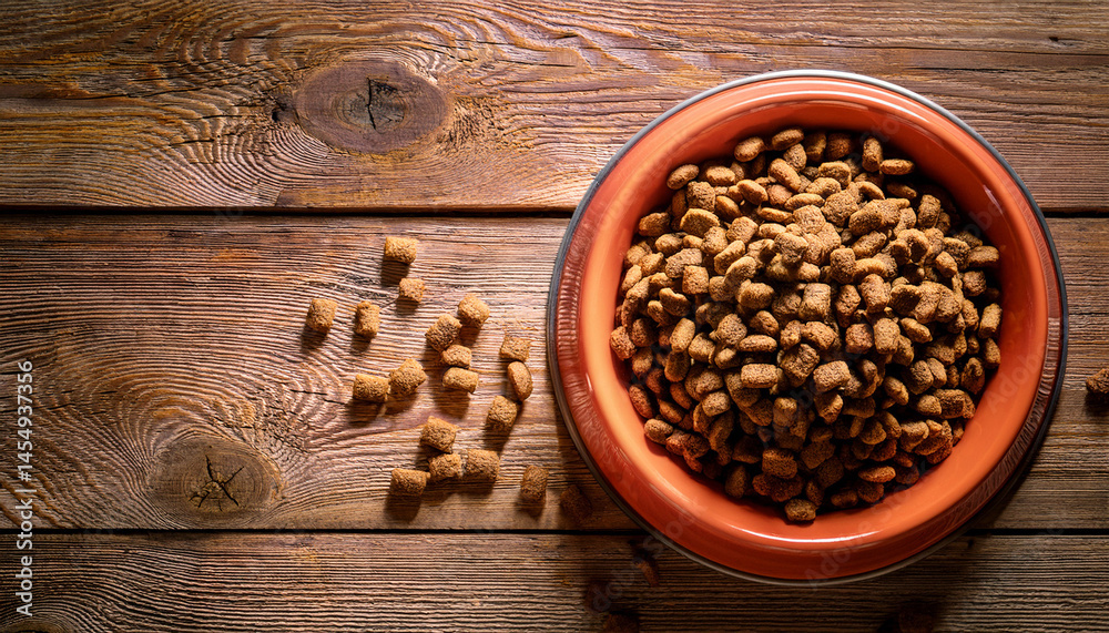 bowl of dry pet food kibble on rustic wooden table background bowl of dry pet food kibble on rustic wooden table background