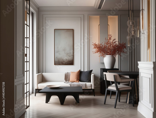 Aesthetic beautiful elegant  modern luxury interior design. Clear mock up empty wall for decoration in the apartment, painting frame. Copy space in the room.