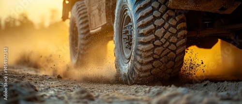 Truck's tires spin on dirt road, kicking up dust and creating sense of motion.