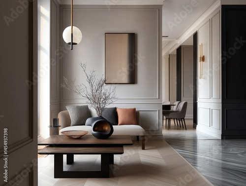 Aesthetic beautiful elegant  modern luxury interior design. Clear mock up empty wall for decoration in the apartment, painting frame. Copy space in the room.