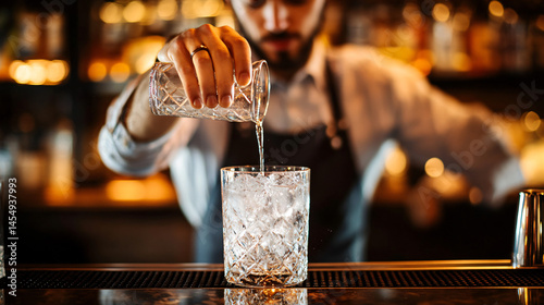 A bartender preparing a highball cocktail with precision and care.