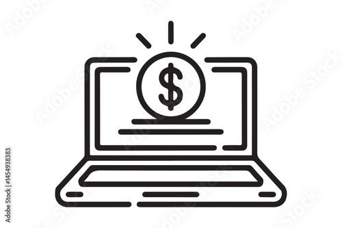 Online Payment Icon with Dollar Symbol on Laptop Screen Vector Line Art