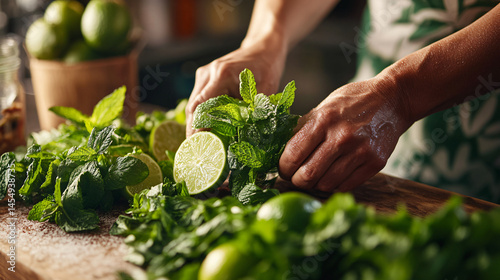 A bartender preparing a mojito with fresh mint and lime.