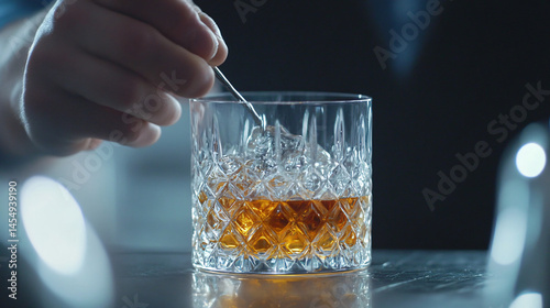 A bartender stirring a whiskey cocktail in a crystal mixing glass.