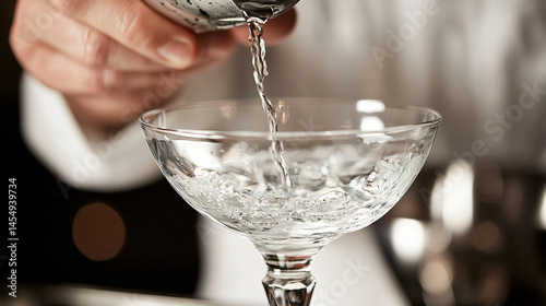 A bartender straining a cocktail into a delicate coupe glass.
