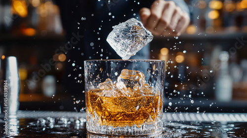 A bartender tossing an ice cube into a whiskey glass.