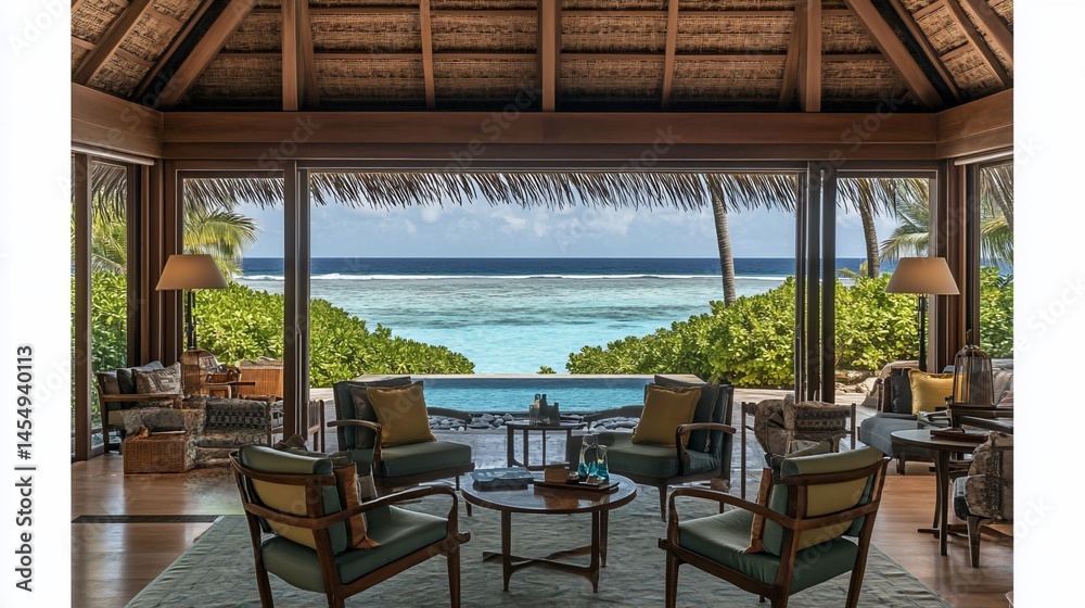 Obraz premium Luxurious beachfront living room with ocean views