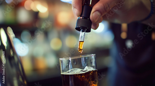A bartender using a dropper to add bitters to a craft cocktail.