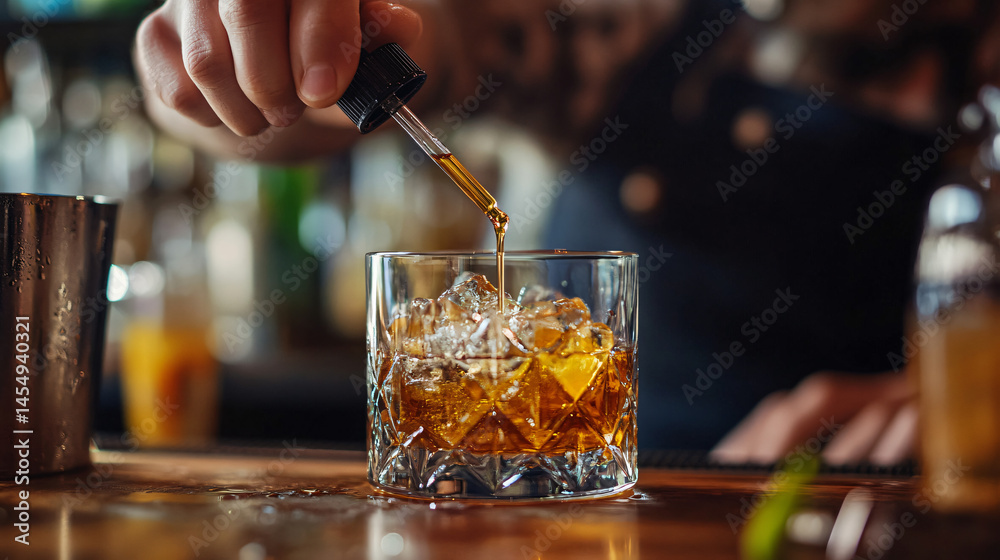 A bartender using a dropper to add bitters to a craft cocktail. A bartender using a dropper to add bitters to a craft cocktail.