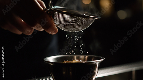 A bartender using a fine mesh strainer to refine a shaken cocktail.