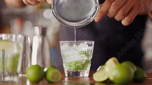 A bartender using a fine mesh strainer to refine a shaken cocktail.