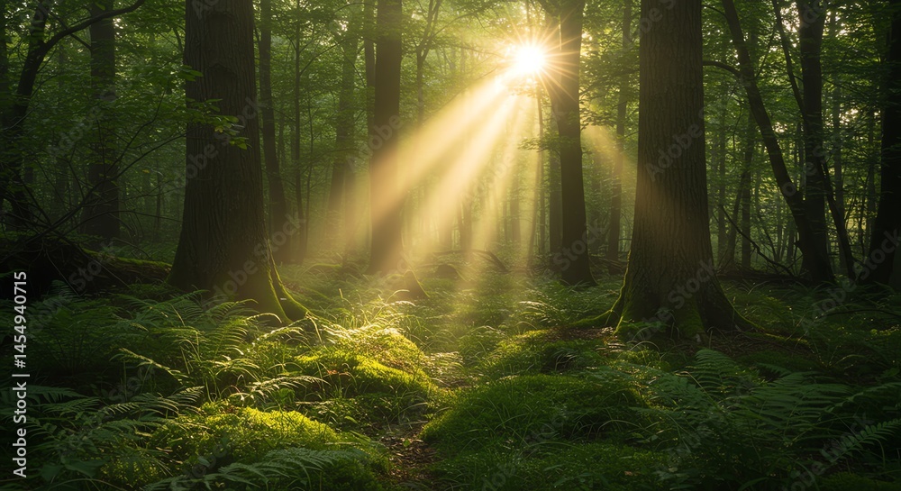Fototapeta premium Sunlight Through Trees in Green Forest