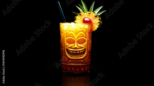 A bright tropical fruit cocktail served in a tiki glass with a straw.