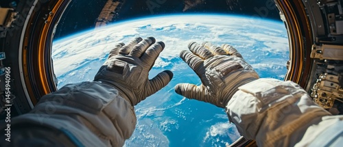 Fototapeta Naklejka Na Ścianę i Meble -  Astronaut in gloved hands looks through spaceship window at planet Earth, experiencing wonder.