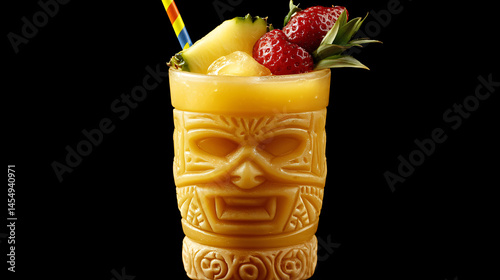 A bright tropical fruit cocktail served in a tiki glass with a straw.