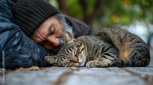 A cat curled up beside its owner both peacefully asleep.