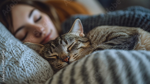 A cat curled up next to a sleeping person on a couch.