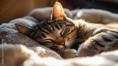 A cat curled up on a blanket sleeping in the afternoon sun.