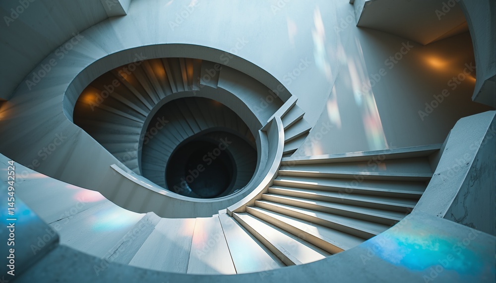 Fototapeta premium Geometric Spiral Staircase with Iridescent Crystal Patterns – Cool Light & Modern Design