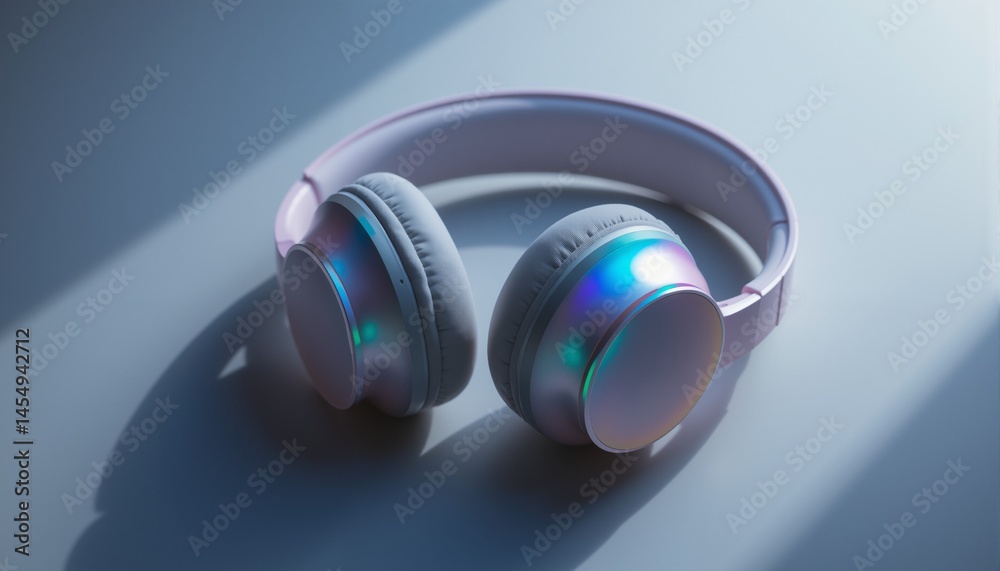 Sleek Wireless Headphones Resting on Grey Backdrop, Illuminated by Soft Light Sleek Wireless Headphones Resting on Grey Backdrop, Illuminated by Soft Light
