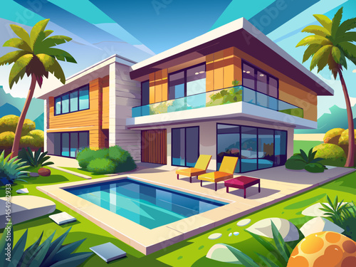 vector of Modern luxury home with backyard pool