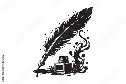Ink pot and pen silhouette with white background