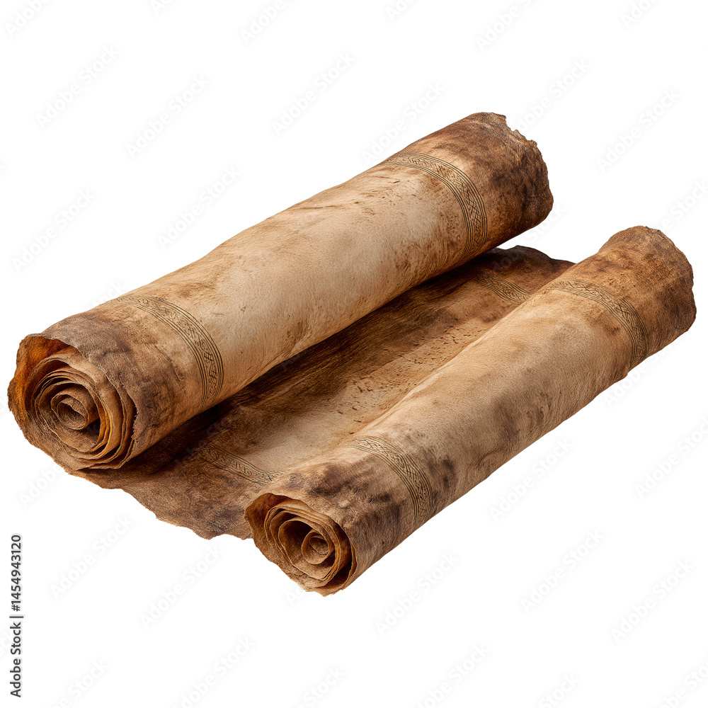 Two aged parchment scrolls side by side on transparent background Two aged parchment scrolls side by side on transparent background