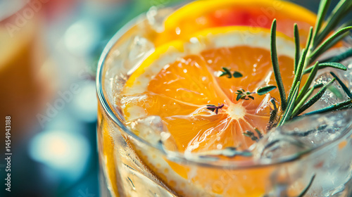 A close-up of a beautifully garnished cocktail with citrus and herbs.