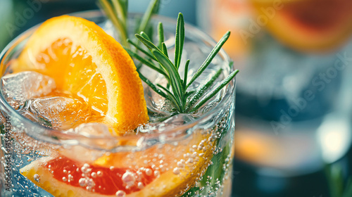 A close-up of a beautifully garnished cocktail with citrus and herbs.
