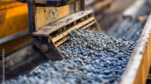 A close-up of a vibrating screen separating gravel by size.