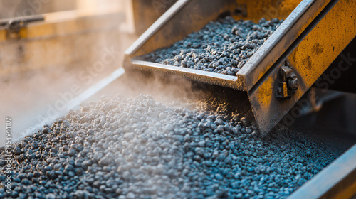 A close-up of a vibrating screen separating gravel by size.
