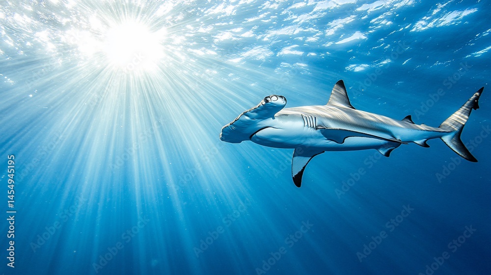 Fototapeta premium Underwater Shark. Sunlight beams through water