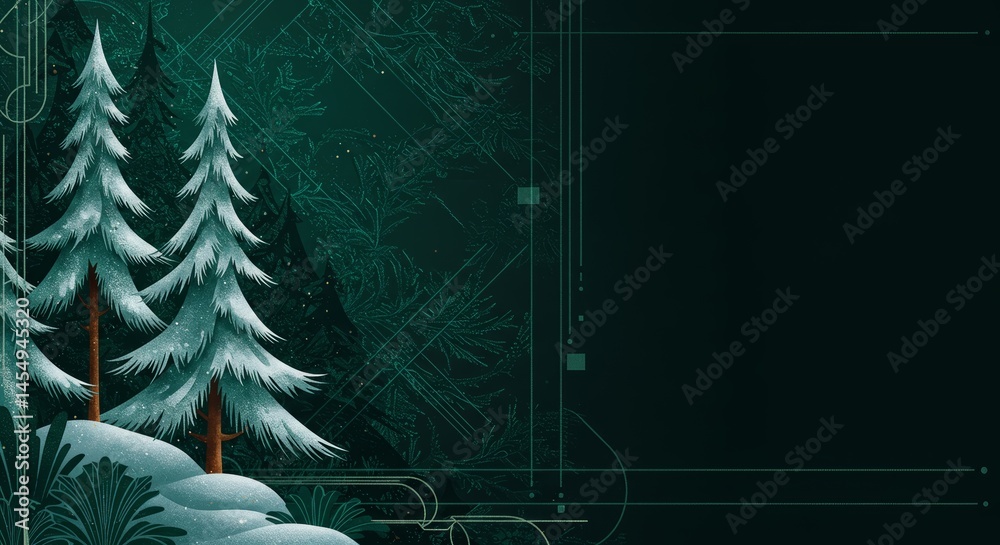 Stylized winter forest background with snow-covered trees and dark green hues
