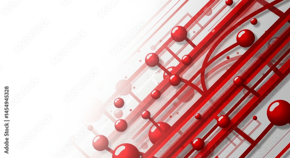 Dynamic abstract background with red lines and circles on a white canvas
